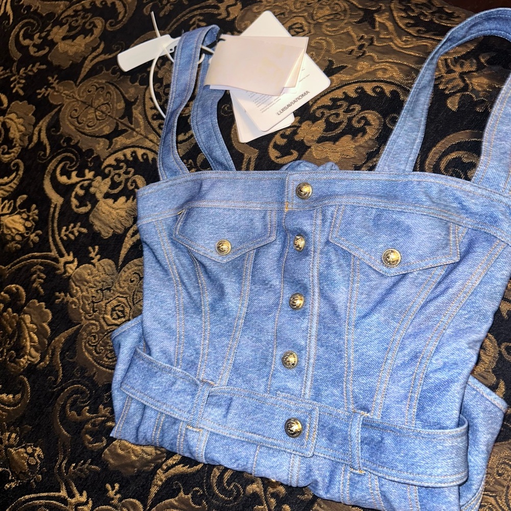 Balmain Blue Denim-Print Bandeau One-Piece Swimsuit - Picture 7 of 16